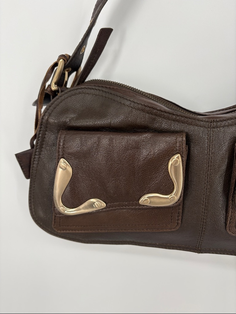 🎪 Via Spiga Dark Brown goat Napa Leather Shoulder Bag with Gold Hardware - Picture 3 of 16